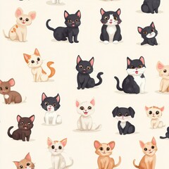 Seamless pattern of cartoon cats and kittens