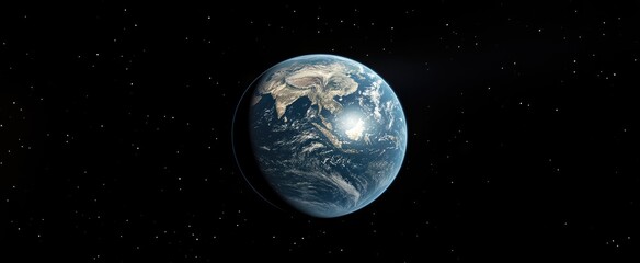 Obraz premium High-Definition Photography of Earth Centered in the Universe with Stars Shining Around, Blue and White Colors Creating Space Exploration Atmosphere, Wide-Angle Lens for Cinematic Feel