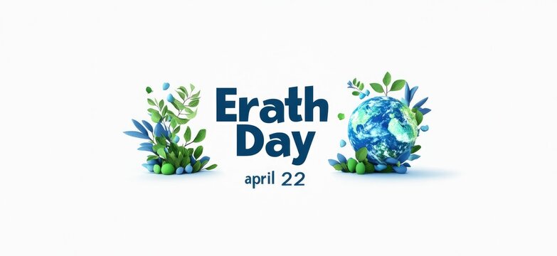 "Erath Day" Text Logo in Blue and Green, with "April 22" Below, Isolated Background, 3D Render Style, Simple Shapes