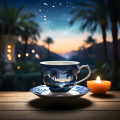 Cinematic teacup with a summer landscape inside, featuring a cozy patio among glowing palm trees