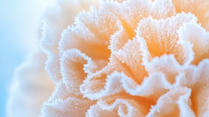 A close-up image of a delicate flower with soft, frosty edges, showcasing intricate details and a gentle color palette.
