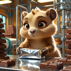 Adorable 3D anime-style marmot wrapping a chocolate bar in foil inside a kawaii chocolate factory.
