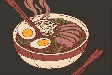 96 Ramen bowl, rich dark broth, soft-boiled egg halves, tender sliced meat, green onions, chopsticks, rustic ceramic bowl, dark wood table, moody lighting, Japanese cuisine, comfort food, steam rising