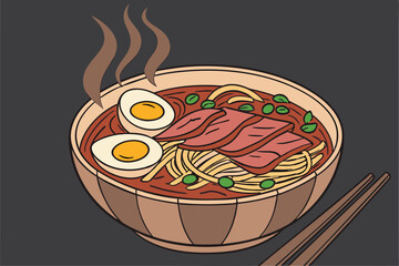 96 Ramen bowl, rich dark broth, soft-boiled egg halves, tender sliced meat, green onions, chopsticks, rustic ceramic bowl, dark wood table, moody lighting, Japanese cuisine, comfort food, steam rising