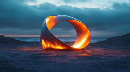 Surreal glowing timepiece Möbius strip shape abstract loop infinity symbol twisted ring landscape dusk metallic structure light concept sculpture futuristic timeline surrealism fantasy horizon paradox