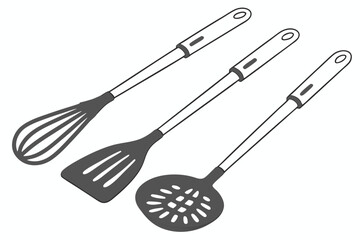 97 Kitchen utensils, wooden handles, black nylon tools, minimalist design, cooking implements, spatula, ladle, slotted spoon, pasta server, clean layout, symmetrical arrangement, white background, cul