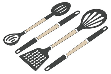97 Kitchen utensils, wooden handles, black nylon tools, minimalist design, cooking implements, spatula, ladle, slotted spoon, pasta server, clean layout, symmetrical arrangement, white background, cul