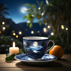Fototapeta premium Cinematic teacup with a summer landscape inside, featuring a cozy patio among glowing palm trees