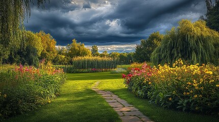 Fototapeta premium Serene Garden Path Under Dramatic Sky