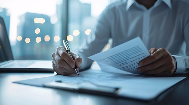 Businessperson flipping through pages of a contract during a negotiation meeting, contract review, formal agreement analysis