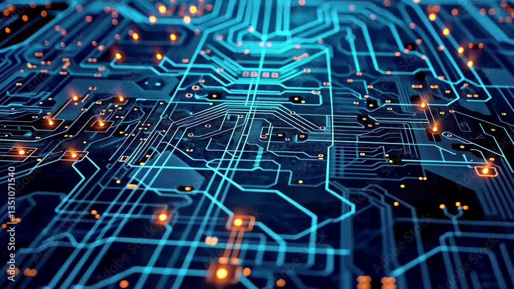 Poster exploring big data flow and cyber blockchain through intricate circuit designs illuminated with brig