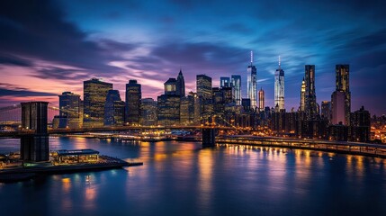 Obraz premium City skyline view at colorful twilight, river, buildings, travel poster use