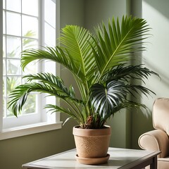 Fototapeta premium Indoor Palm Plant in Terracotta Pot by Window