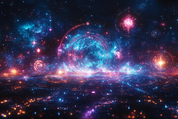 Obraz premium Cosmic Scene with Abstract Symbols Representing Warrior, Healer, and Mage, Connected by Glowing Lines in a Constellation Pattern Against a Dark Space Background
