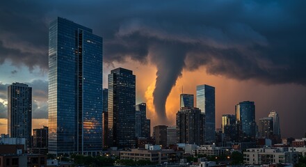 Fototapeta premium Tornado over City Skyline during Stormy Weather with Orange Sky