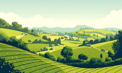 Fototapeta premium Illustration of matcha tea leaves, harvesting, processing, traditional tools, tea ceremonies, matcha beverages, desserts, and green tea plantations on a white background.