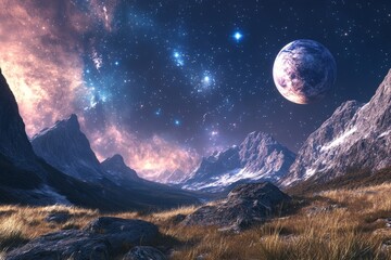 Alien planet landscape with mountains, stars, and nebula.