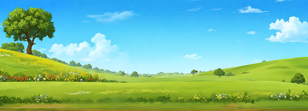 2D Cartoon Serene Landscape &ndash; Rolling Green Hills, Wildflowers, Majestic Tree, Vibrant Grass, and Clear Blue Sky &ndash; Tranquil Countryside Background for Animation & Illustration