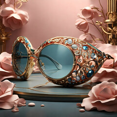 Hyperrealistic designer rose-colored glasses in a high-end fashion ad with intricate, luxurious details