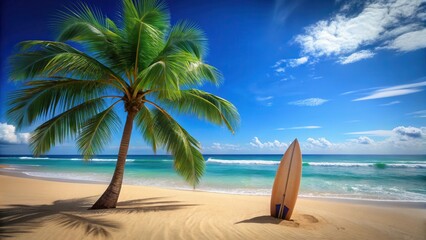 A surfboard resting on a sandy beach next to a palm tree with clear blue sky overhead and gentle waves in the background , surfboards, clear skies