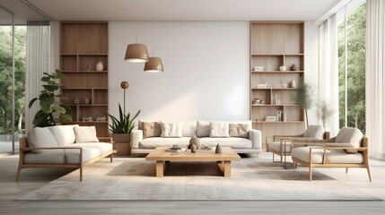 Fototapeta premium Serene minimalist living room, bathed in soft natural light, featuring a light beige sofa and armchairs, complemented by light wood shelving and flooring.