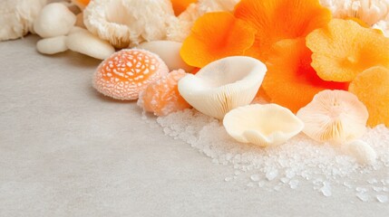 Assorted colorful mushrooms, light beige and orange, on a light gray surface