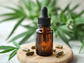 Amber bottle of CBD oil with dropper and capsules rests on wooden surface near vibrant green hemp leaves.
