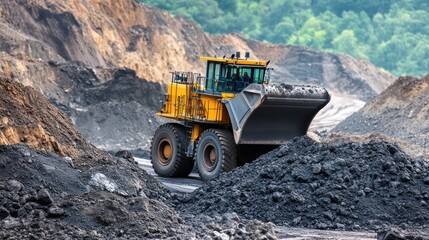Obraz premium Yellow wheel loader mining coal, hillside background