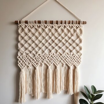 Beige Macrame Wall Hanging with Wooden Dowel
