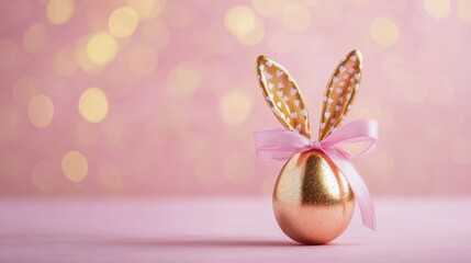 Fototapeta premium Easter egg in the shape of bunny ears on a pink background with golden bokeh, space for text, banner or Easter greeting