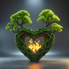 Surreal 3D heart of interwoven green trees, glowing with natural light on a gray background