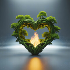 Surreal 3D heart of interwoven green trees, glowing with natural light on a gray background