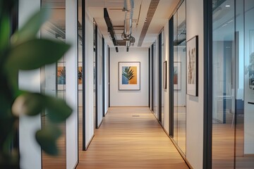 Modern office hallway with art displays