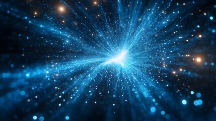 Fototapeta premium Abstract blue energy burst radiating outwards from central point in dark space with glowing particles and star like effects.