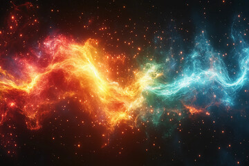 Fototapeta premium Blue, Red, and Green Energy Threads Flowing in Synchronized Motion, Merging into a Bright Central Orb of Light with Powerful Energy and Radiance