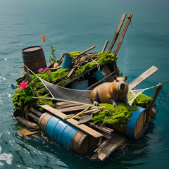 A cozy floating island of debris with a relaxed capybara lounging in a hammock over water.