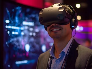 A smiling man wea a VR headset experiences immersive virtual reality technology at a tech conference with a large screen displaying data in the