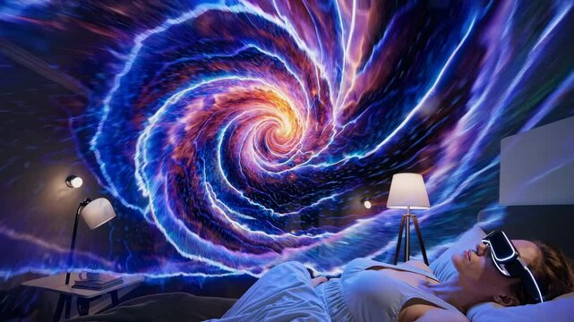 Man with VR Headset Experiencing Blue Spiral Galaxy Visualization