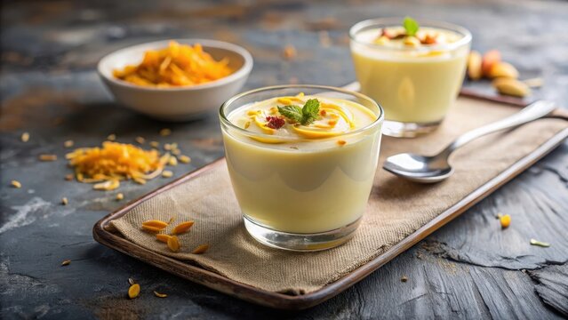 Creamy white sweet rabdi with kesar garnish on a small glass dish, white yogurt drink, creamy,  white yogurt drink