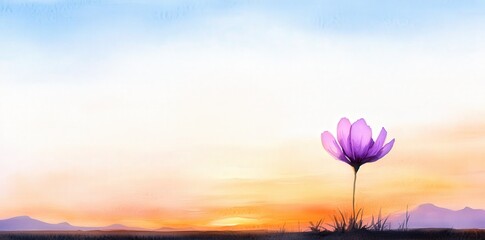 A serene landscape featuring a single purple flower against a colorful sunset sky, evoking peace and tranquility.