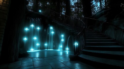 Fototapeta premium A mysterious outdoor structure with glowing illuminated water features and stairs
