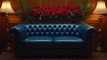 Obraz premium Elegant blue leather sofa with roses