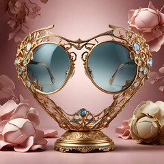 Hyperrealistic designer rose-colored glasses in a high-end fashion ad with intricate, luxurious details