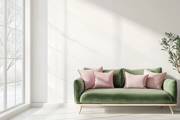 Modern living room with green velvet couch, pink pillows, winter window view