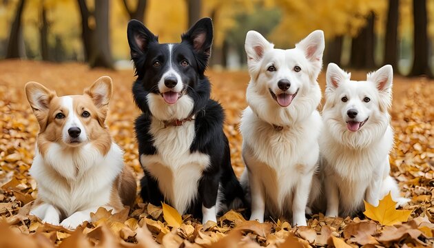 Four Dogs Sitting in Autumn Leaves
