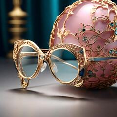 Hyperrealistic designer rose-colored glasses in a high-end fashion ad with intricate, luxurious details