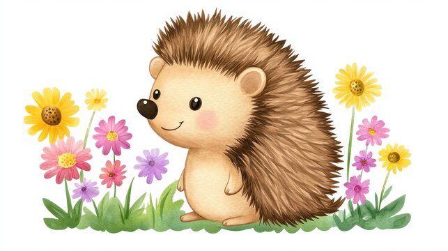 Adorable Watercolor Hedgehog Amidst Vibrant Blossoms in a Serene Meadow