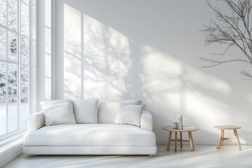 White living room sofa, winter scenery, sunlit shadows, interior design