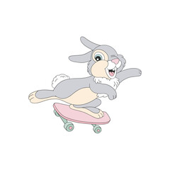 Cute bunny on skateboard vector clip-art isolated on white. Sporty Easter Spring illustration