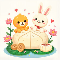 Cute animals celebrating Zongzi together in a whimsical garden  